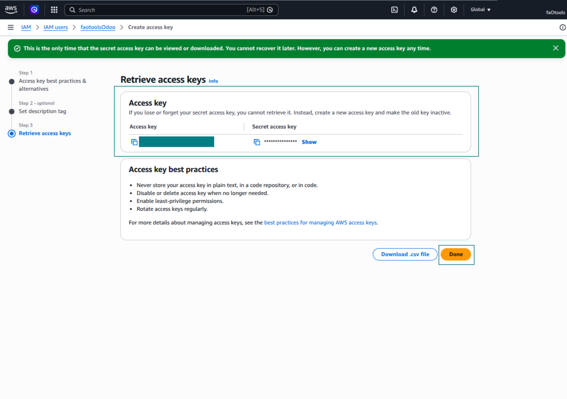 Copy or download the Amazon S3 access key and secret access key